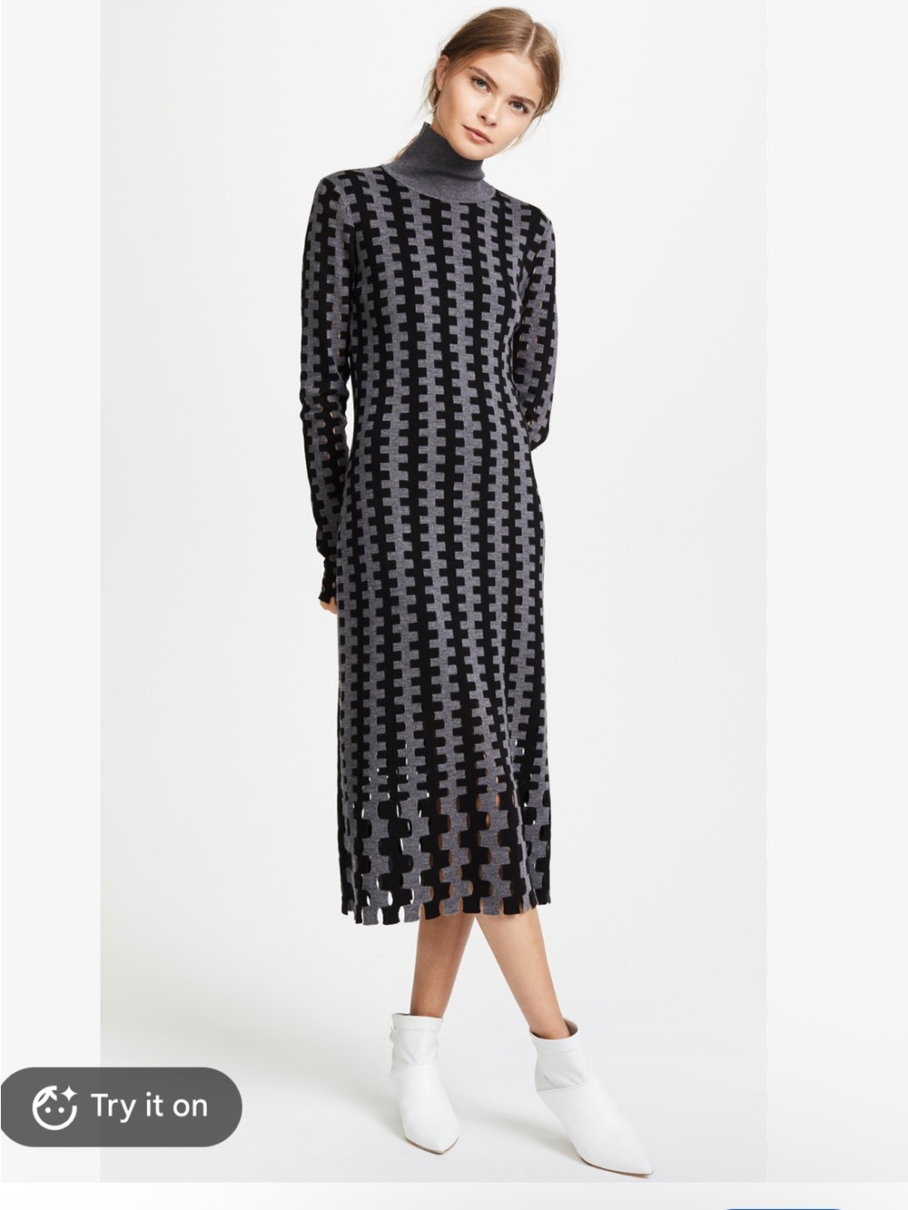 Diane von Furstenberg Gray & Black Geometric Wool Turtleneck Knit Dress